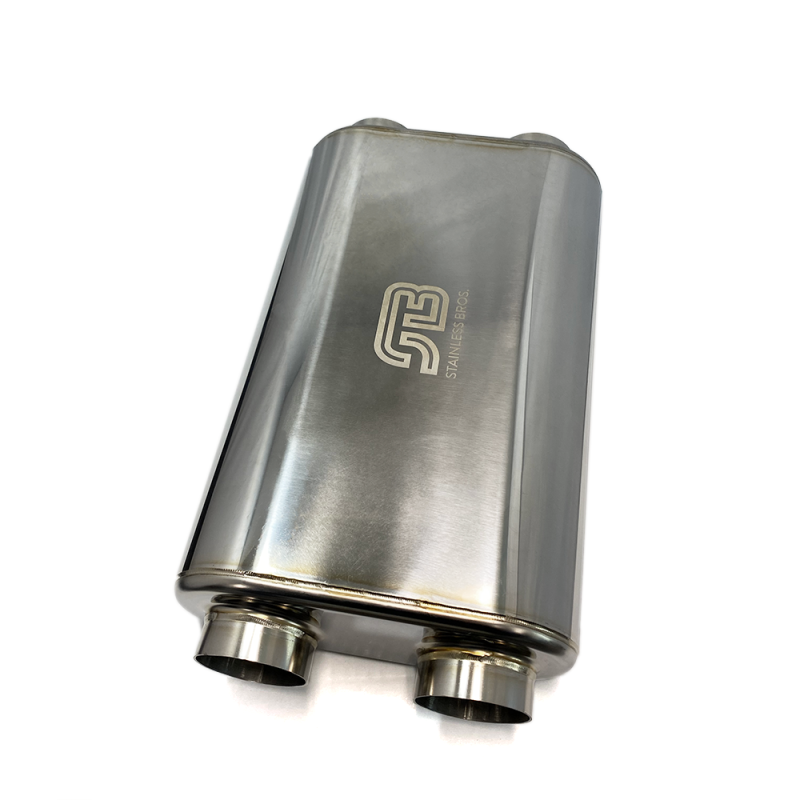 Stainless Bros 17in OAL 2.5in Thin Oval SS304 Polished Finish Muffler - 2.5in Dual In/Dual Out - 616-06323-2250