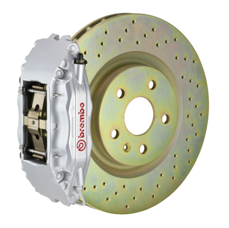 Brembo 82-89 6-Series Front GT BBK 4 Piston Cast 2pc 332x32 1pc Rotor Drilled-Silver - 1B4.7001A3