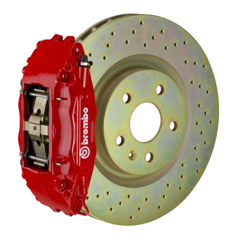 Brembo 05-14 Mustang GT Excl non-ABS Equipped Fr GT BBK 4Pist Cast 2pc 355x32 1pc Rtr Drill-Red - 1B4.8001A2