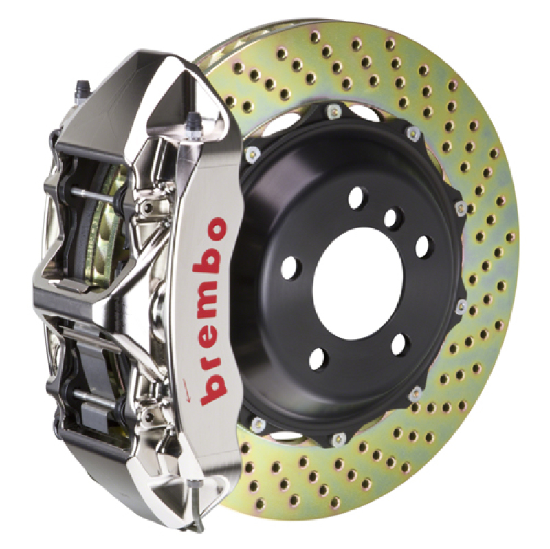 Brembo 05-14 Mustang GT Excl non-ABS Equipped Fr GTR BBK 6Pist Billet 355x32 2pc Rtr Drill-Nickel - 1M1.8016AR
