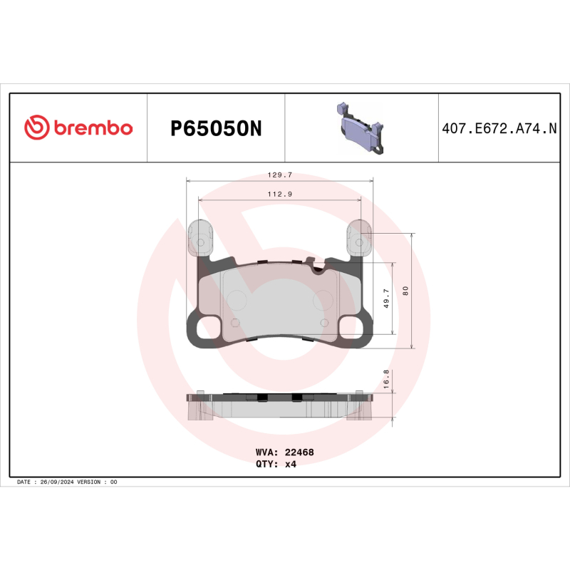 Brembo 20-21 Porsche 911/Panamera/Cayman/718 Cayman/718 Spyder Rear NAO Brake Pad - P65038N