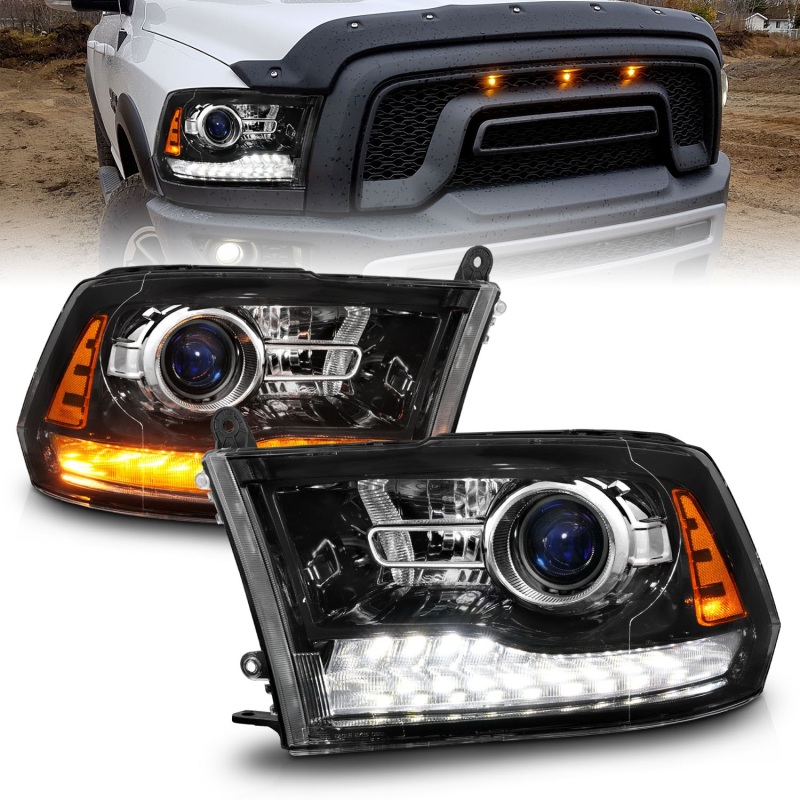 Anzo 09-18 Dodge 1500-3500 LED Plank Style Headlights w/Switchback+Sequential Hyper Black (OE Style) - 111608