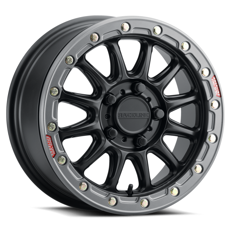 Raceline A14GR Alpha 15x7in/5x114.3 BP/25mm Offset/68mm Bore - Gunmetal & Red Ring Beadlock Wheel - A14GR-57012+25
