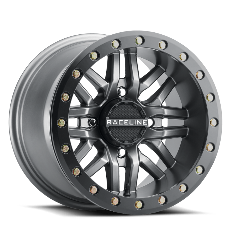 Raceline A91G Ryno 15x7in/4x156 BP/10mm Offset/132.5mm Bore - Gunmetal & Black Ring Beadlock Wheel - A91G-57056-52