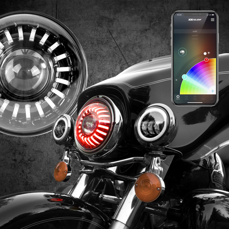 XK Glow 7In RGB LED Harley Headlight XKchrome Bluetooth App Controlled Kit - XK-7IN-HD-KIT