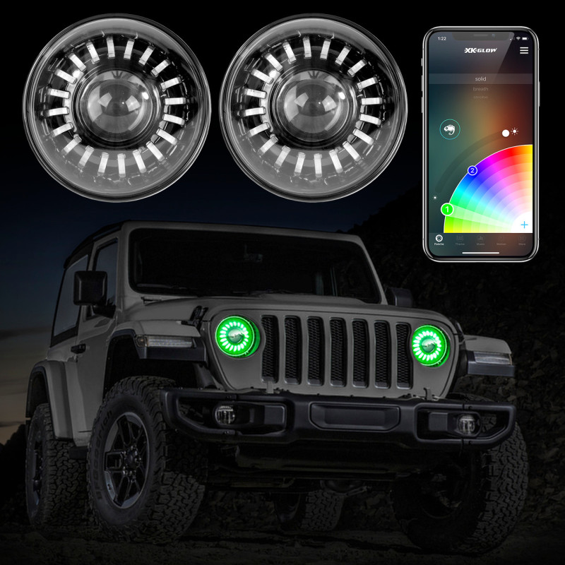 XK Glow 2pc 7in App Control RGB Wrangler JL Headlight Kit w/ Mounting Brackets - XK-7IN-JP-KIT-JL