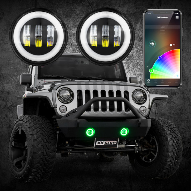 XK Glow 4In Black RGB LED Jeep Wrangler Fog Light XKchrome Bluetooth App Controlled Kit - XK042010-B
