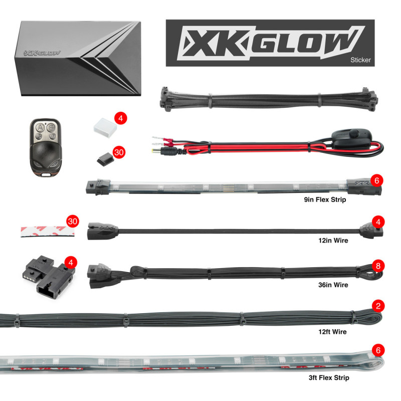 XK Glow Flex Strips 2 Million Color XKGLOW LED Accent Light Marine/Boat Kit 6x36In Strips + 6x 10In - XK074012