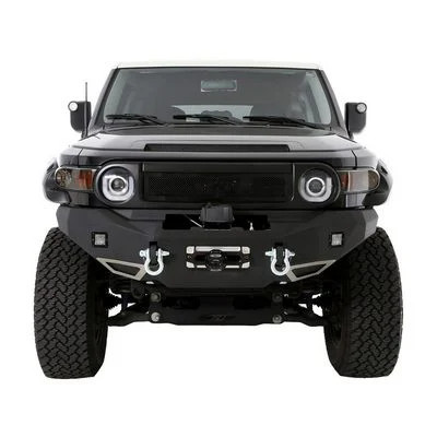 SMITTYBILT M1 TOYOTA FJ CRUISER WINCH MOUNT FRONT BUMPER WITH D-RING MOUNTS AND LIGHT KIT (BLACK) – 612850