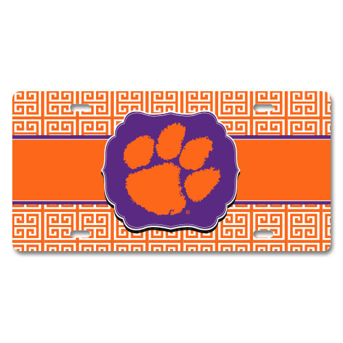 Clemson Metal License Plate - Greek Key