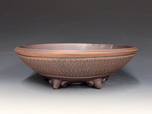 Bonsai Pot, Unglazed,  Textured, Cloud Feet,  10 1/8" dia 25495