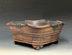 Bonsai Pot, Unglazed primitive Square, Cloud Feet,   8" across flat sides, 9 ⅜" diagonally,  26236