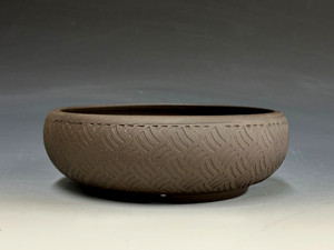 Bonsai Pot, textured, unglazed dark chocolate brown clay, handmade by Iker Bonsai Pots, 7" dia 26273