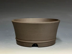 Bonsai Pot, Semi Cascade, unglazed dark chocolate brown clay, handmade by Iker Bonsai Pots, 5 5/8" dia 26272