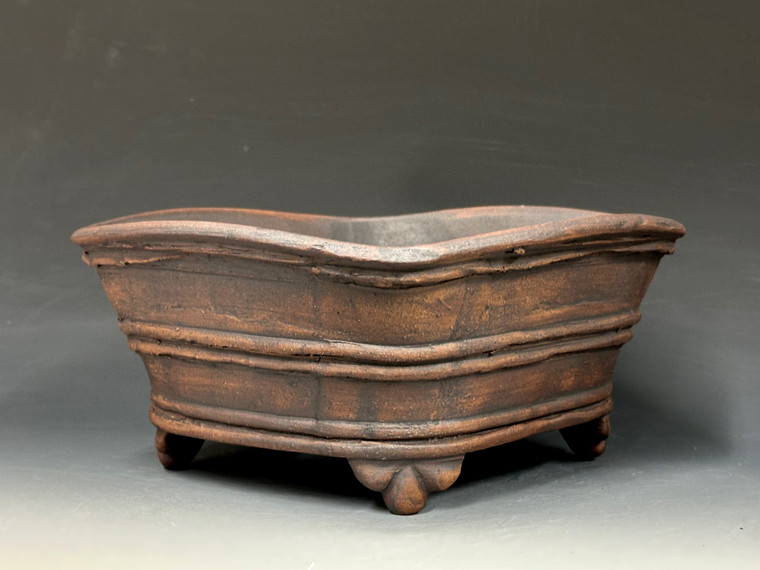 Bonsai Pot, Unglazed primitive Square, Cloud Feet,   8 3/8" across flat sides, 9 1/2" diagonally,  26235