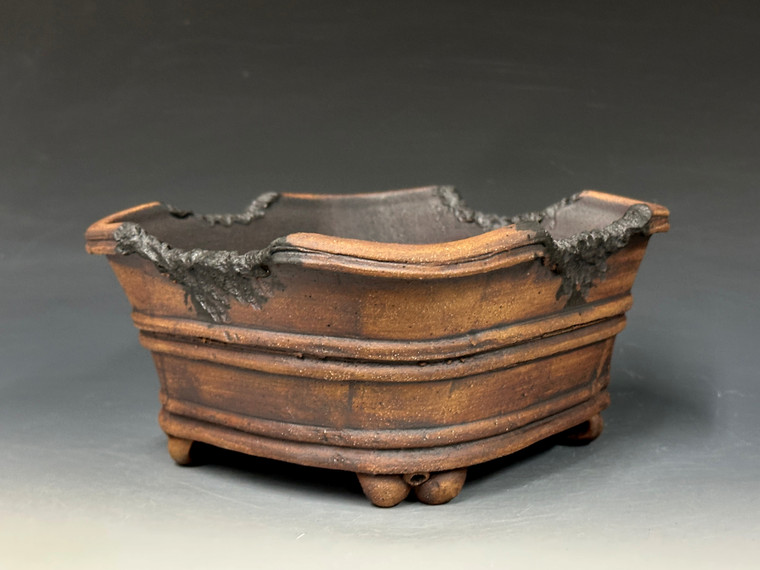 Bonsai Pot, Unglazed primitive Square, Cloud Feet,   6 3/4" across flat sides, 8" diagonally,  26240