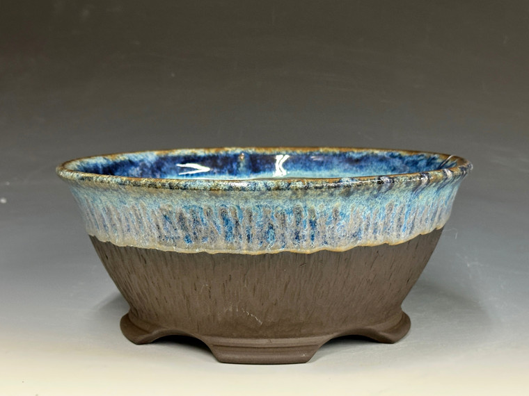 Bonsai Pot, textured, unglazed dark chocolate brown clay, glazed rim, handmade by Iker Bonsai Pots, 9" dia 26276