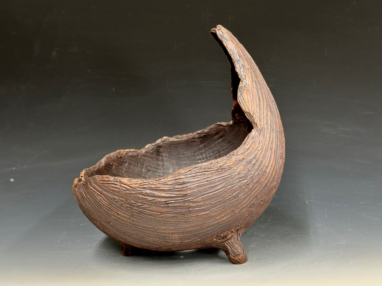 Bonsai Pot, Crescent Moon, Unglazed Primitive, 7 ½" bowl, 8 ½" overall height,  26265