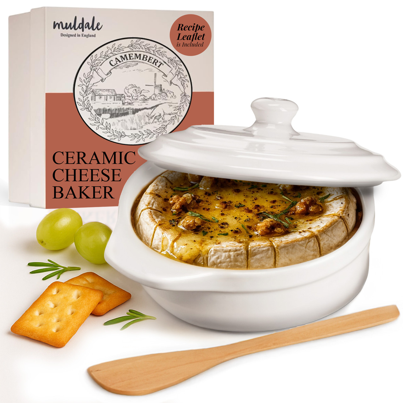 White Cheese Brie Baker with Wooden Spreader