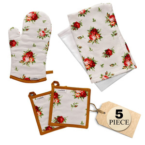 5 Piece Kitchen Textile Set with Tea Towels and Pot Holder Rose Design 5 Piece Kitchen Textile Set with Tea Towels and Pot Holder Rose Design