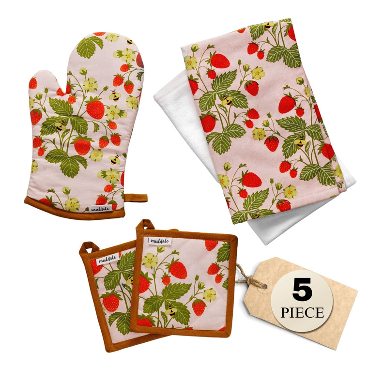 5 Piece Kitchen Textile Set with Tea Towels and Pot Holder Strawberry Design