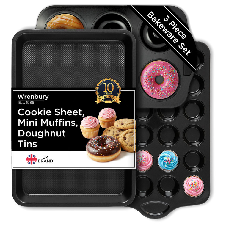 Party Baking Bundle - 24 Cup Mini Muffin Tin, Cookie Sheet Pan and 6 Cup Jumbo Donut Pan