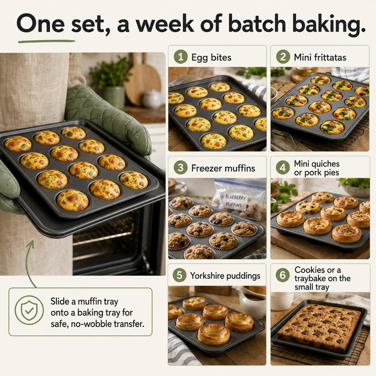 Batch Baking Bundle — 2 Mini Muffin Trays + 2 Small Baking Trays, Non-Stick Carbon Steel