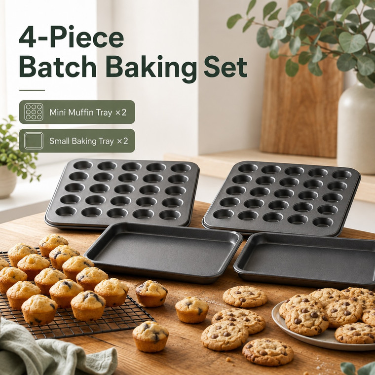 Batch Baking Bundle — 2 Mini Muffin Trays + 2 Small Baking Trays, Non-Stick Carbon Steel