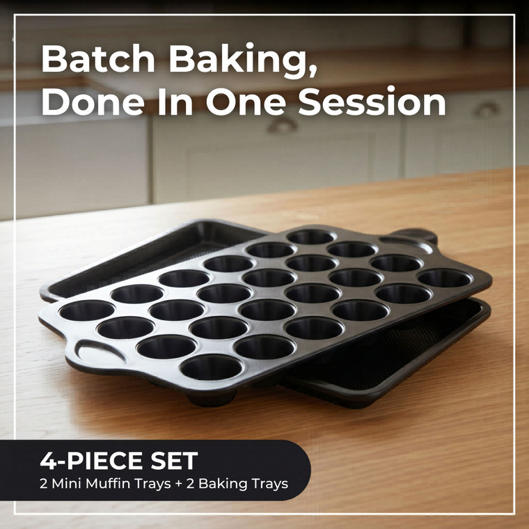 Batch Baking Bundle — 2 Mini Muffin Trays + 2 Small Baking Trays, Non-Stick Carbon Steel