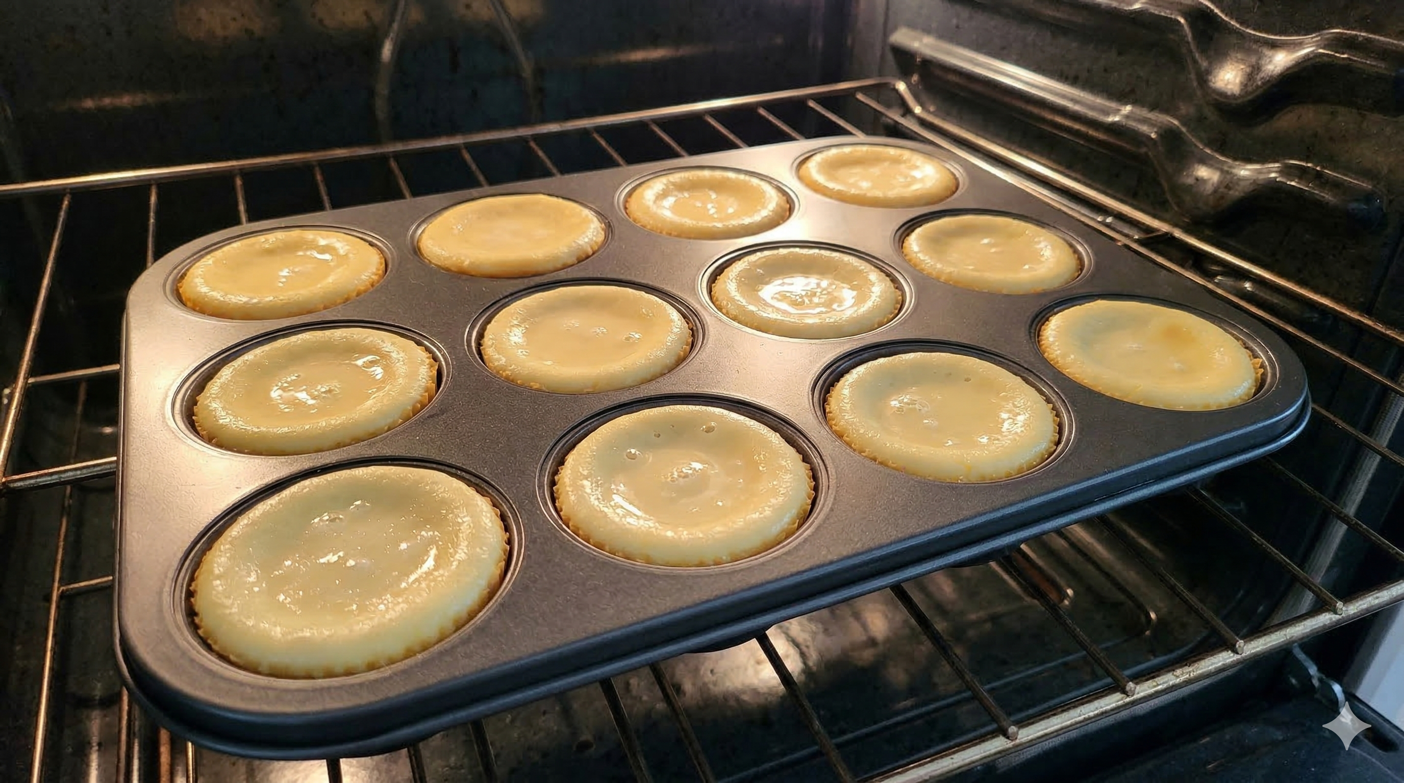 Mini cheesecakes baking in the oven &mdash; edges set, centres still wobbly