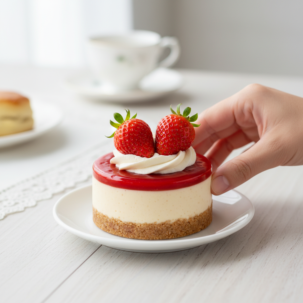 Finished mini cheesecakes served on a board with berries