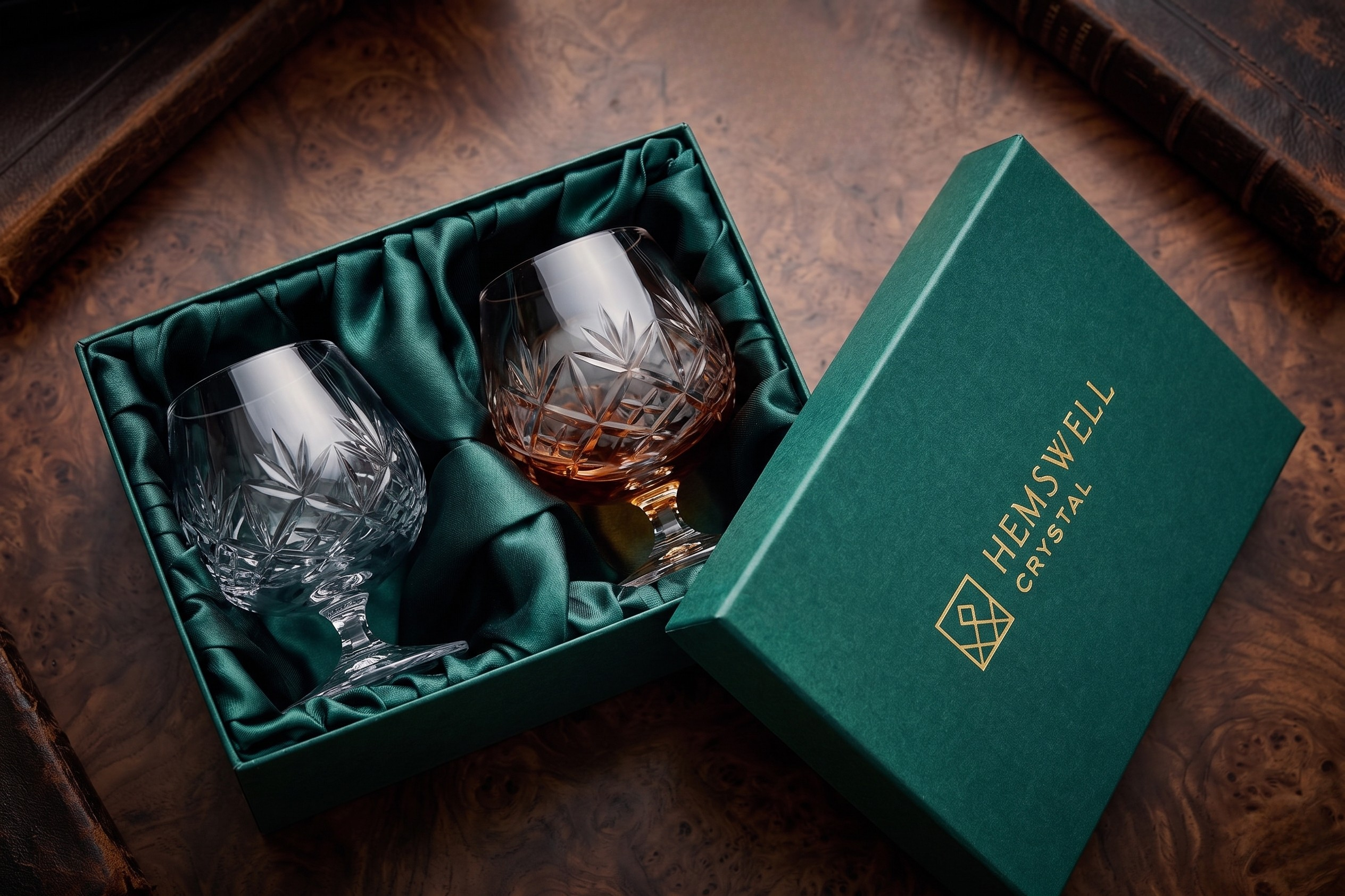 Wicklow crystal whisky tumblers with whisky, shot from above on dark surface