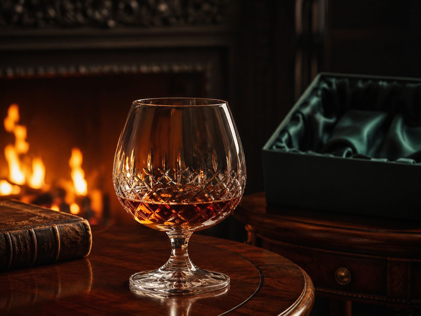 Wicklow brandy balloons on a dark wood surface with warm candlelight