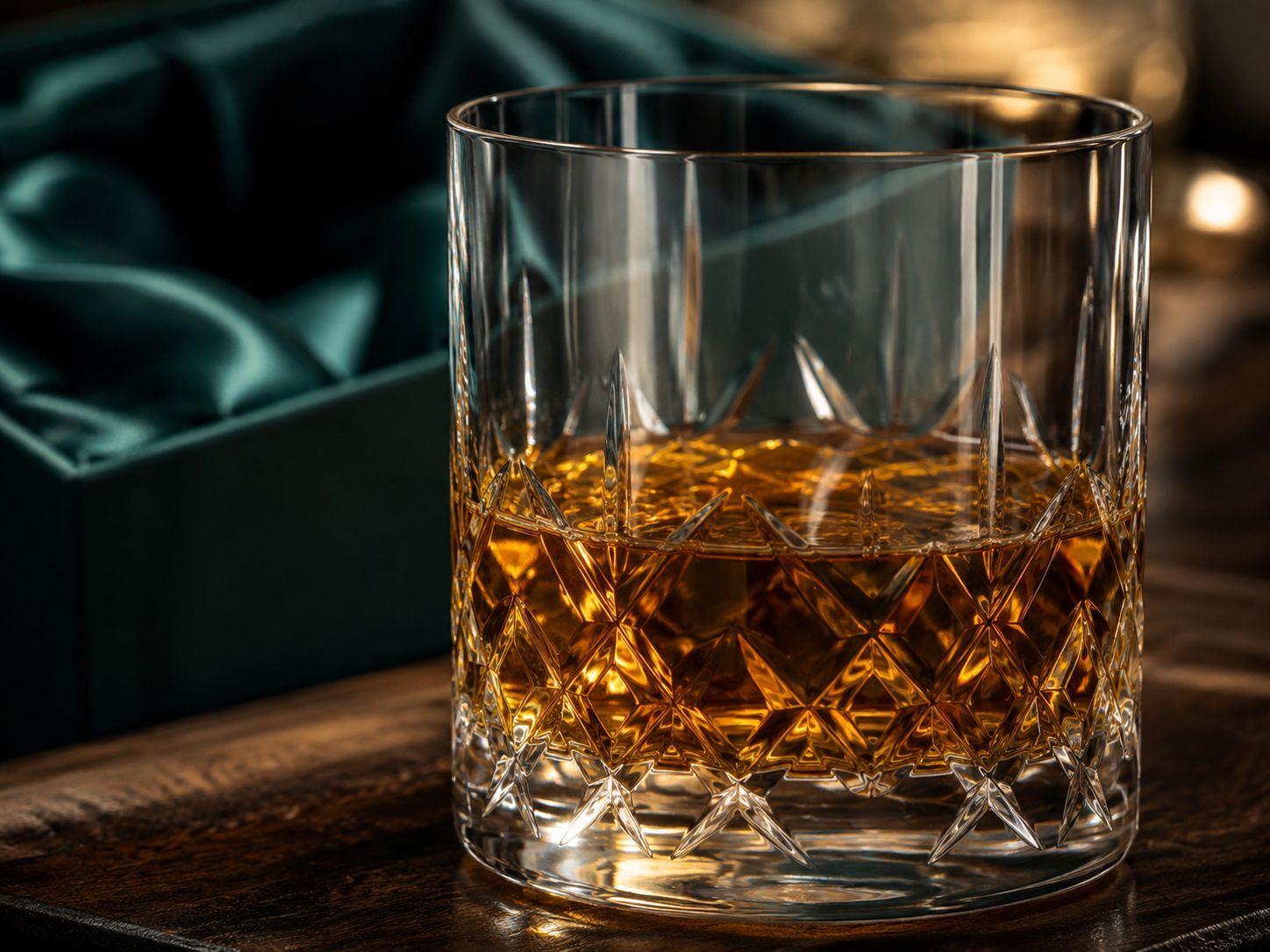 Close-up of Wicklow whisky tumbler showing diamond cut pattern catching the light