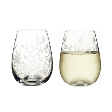 Set of 4, Etched Stemless Crystal Wine Glasses w/ Dala Horse