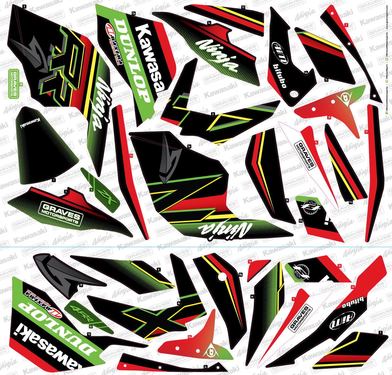Graves Kawasaki ZX-4RR OEM Bodywork Graphics Set - Green Graves Kawasaki ZX-4RR OEM Bodywork Graphics Set - Green