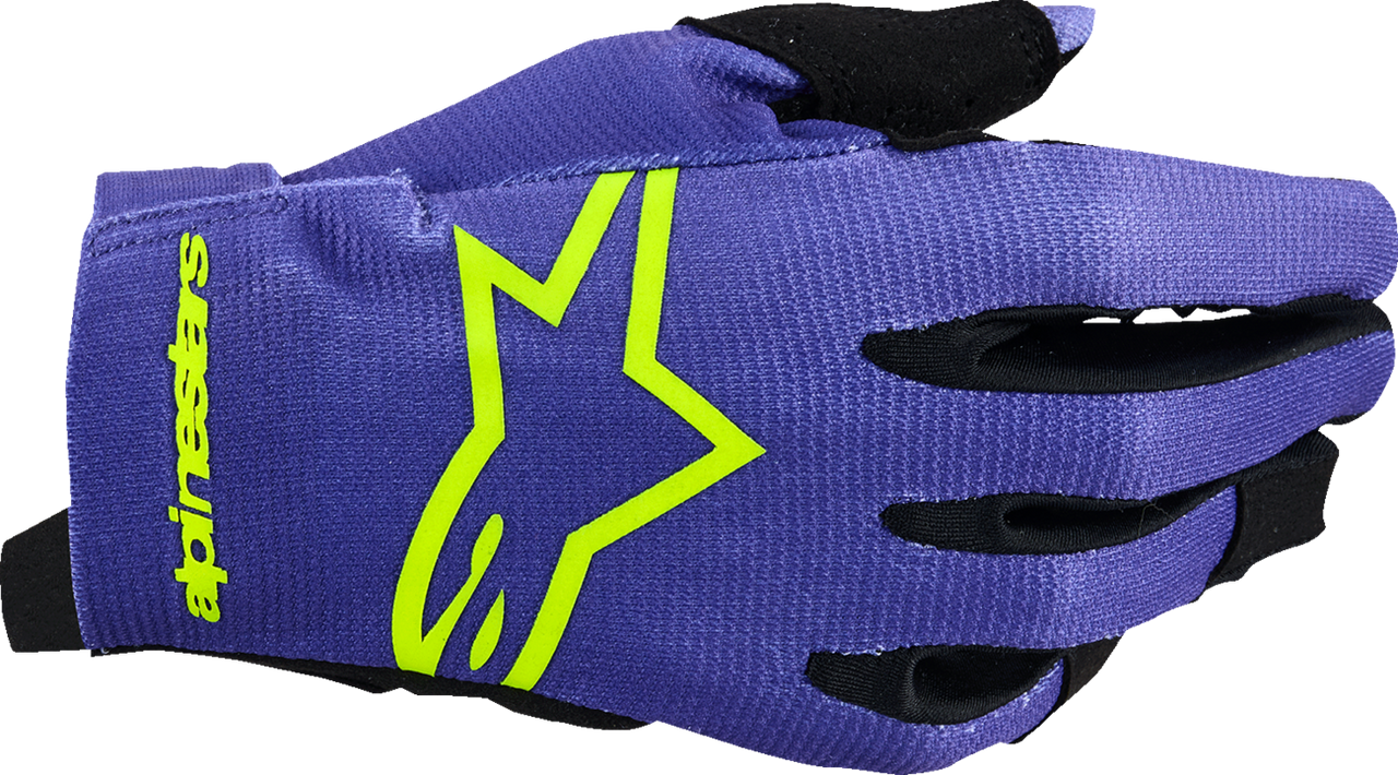 Alpinestars Youth Radar Gloves Purple/Fluo Yellow 3XS Youth motocross gloves purple yellow with stretch backhand and touchscreen fingers