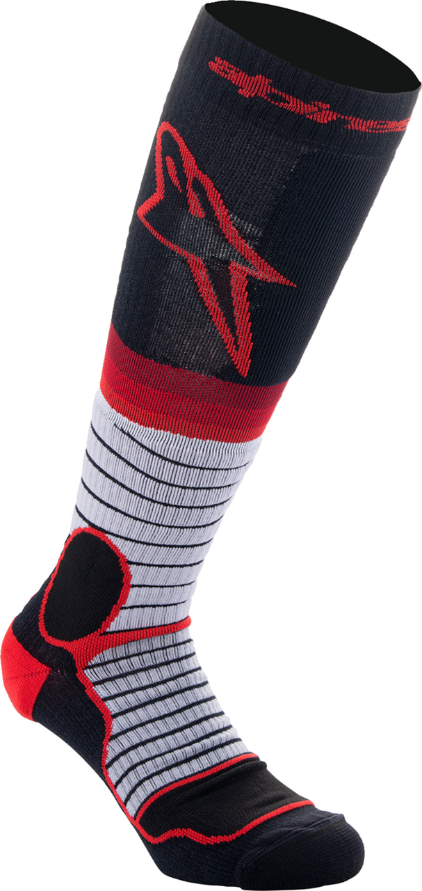 ALPINESTARS MX Pro Socks in Black, Red, and Gray colors with ankle padding for medium size off-road riders.