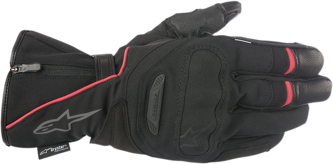 Alpinestars Primer Drystar waterproof cold-weather motorcycle gloves in Black and Red, Small size, featuring long cuff, padded palm and touchscreen fingertips.