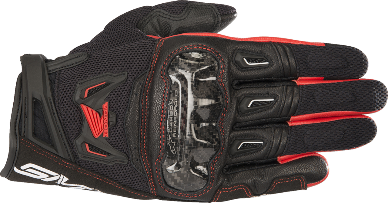 Alpinestars Honda SMX-2 Air Carbon V2 vented motorcycle gloves in Black and Red, 2XL size, featuring carbon knuckles, mesh panels and touchscreen fingertips.