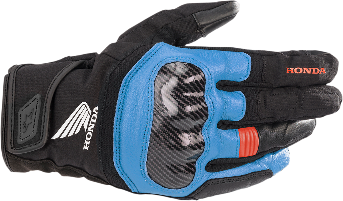 Alpinestars Honda SMX Z Drystar black blue bright red motorcycle gloves in Medium showing waterproof design and nylon knuckle protection