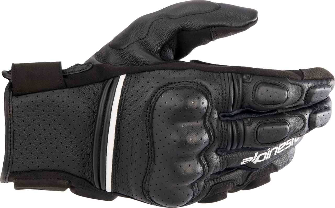 Alpinestars Phenom Air black and white leather motorcycle gloves in size 3XL with perforated backhand, padding, and touchscreen fingertips.