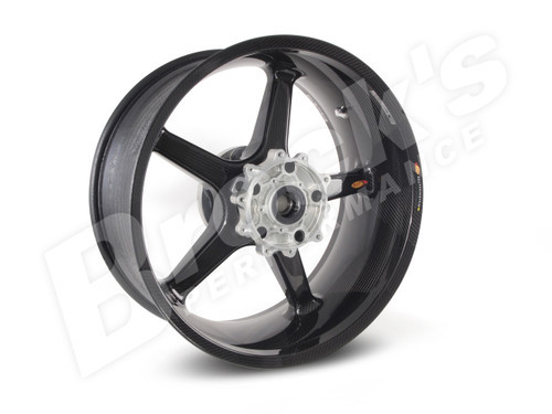 <div class="Description_Overview"><br />
<ul class="standard_ul">
<li><span style="color: #666666; font-size: 10pt; font-weight: bold;">SIZE :</span> 8.0" x 18"</li>
<li><span style="font-size: 10pt; color: #666666; font-weight: bold;">WEIGHT :</span> 16.2 lbs. (7.35 kg)<br /> Add .40 lbs. (0.182 kg) with Worldwide Bearings ceramic bearings<br /> Add .45 lbs. (0.204 kg) with Worldwide Bearings steel bearings</li>
<li><span style="color: #666666; font-size: 10pt; font-weight: bold;">STATIC LOAD RATING :</span> 640 lbs (290 kg)<br /> <span style="font-size: 10pt; font-weight: bold;"><a style="color: #990000;" href="http://www.brocksperformance.com/brocknm/templates/?a=201&amp;z=7" target="_blank">Click Here: Important Load Rating Safety Information</a></span></li>
<li><span style="color: #666666; font-size: 10pt; font-weight: bold;">MATERIALS :</span> Carbon fiber and aluminum</li>
<li><span style="color: #666666; font-size: 10pt; font-weight: bold;">STYLE :</span> Straight, five-spoke configuration</li>
<li><span style="color: #666666; font-size: 10pt; font-weight: bold;">VALVE STEMS :</span> BST Ultra-High-Speed (UHS) 90-degree, aluminum stems and caps</li>
<li><span style="color: #666666; font-size: 10pt; font-weight: bold;">APPROVALS :</span> DOT for street use - <a style="color: #990000;" href="http://www.brocksperformance.com" target="_blank">Race sanctioning bodies</a></li>
<li><span style="color: #666666; font-size: 10pt; font-weight: bold;">FITMENT :</span> Direct OEM replacement - Suitable for use with a <br /> 240 wide rear tire</li>
<li><span style="color: #666666; font-size: 10pt; font-weight: bold;">WARRANTY :</span> 2 Years</li>
</ul>
</div>
<div class="Description_Product_Details"><br />
<p><span style="font-family: Tahoma; color: #000; font-size: 16px; font-weight: bold;">Performance</span></p>
<br />
<p><span style="font-family: Tahoma;"><span style="font-size: 10pt;">Weighing between 40 and 60 percent less than OEM wheels, BST wheels bestow sportbikes with sharper corner-carving abilities, faster acceleration, and quicker braking by weighing less than their production-bike counterparts. Lighter wheels are also easier for suspension systems to control over bumps and irregular surfaces, yielding more traction and unimpeded acceleration. Less rotating mass also equals less rider fatigue.</span></span></p>
<br />
<p><span style="font-family: Tahoma;"><span style="font-size: 10pt;">A lighter rear wheel is easier for the shock to control properly, which leads to superior power application and much higher trap speeds in competition and track days.</span></span></p>
<br />
<p><span style="font-family: Tahoma; color: #000; font-size: 16px; font-weight: bold;">Design</span></p>
<br />
<p><span style="font-family: Tahoma;"><span style="font-size: 10pt;">Using high-tech processes pioneered in the aerospace industry, BST wheels are manufactured in a single molding operation. This technique produces a wheel that is far superior in strength and much lighter than any aluminum or magnesium wheel, and one that is light and strong enough for racing and street use.</span></span></p>
<br />
<p><span style="font-family: Tahoma;"><span style="font-size: 10pt;">BST wheels are a unique monococque (single unit) design with hollow spokes. The end result is wheels with unsprung weight reduced 40-60 percent compared to stock wheels. This delivers the lowest possible moment of inertia, a critical factor that affects all aspects of motorcycle performance.</span></span></p>
<br />
<p><span style="font-family: Tahoma;"><span style="font-size: 10pt;">Maximizing the molecular and structural properties of carbon fiber, BST has reduced spoke and rim weight without compromising their strength. Mass is therefore concentrated in the hub, reducing rotational inertia. This results in quicker acceleration and braking, allowing faster corner entry and exit speeds.</span></span></p>
<br />
<p><span style="font-family: Tahoma; color: #000; font-size: 16px; font-weight: bold;">Manufacturing</span></p>
<br />
<p><span style="font-family: Tahoma;"><span style="font-size: 10pt;">BST designs the tooling, molds, wheel and hubs, then manufactures them in its state-of-the-art factory. Precision cutting machines, like those used in the aeronautical industry, ensure that the process is repeatable and meets the highest certification standards. BST uses only the finest &ldquo;prepreg&rdquo; carbon fiber, which is embedded in a top-secret resin matrix epoxy. Carbon-fiber layup is done in a dust-free and temperature-controlled &ldquo;clean room.&rdquo; The wheels are cured in a superheated steam oven, or autoclave, at 260 degrees and 85 psi. This produces the best material compaction and smoothest surface finish. Every step of this process is logged, the entire history of each wheel is stored and stamped with a unique serial number. To ensure the highest quality manufacturing processes and components, BST&rsquo;s entire operation is managed under strict, new ISO 9002 standards.</span></span></p>
<br />
<p><span style="font-family: Tahoma; color: #000; font-size: 16px; font-weight: bold;">About BST</span></p>
<br />
<p><span style="font-family: Tahoma;"><span style="font-size: 10pt;">Established in 1992, BST is based near Johannesburg, South Africa. BST engineers and manufactures the world's finest carbon fiber motorcycle components from wheels and frames to fuel tanks and fenders, to the highest international standards. The standard equipment wheels on Confederate and Norton motorcycles, BST was also chosen to provide wheels and produce the carbon-fiber frame on the radical MotoCyz project. On the world stage, BST wheels have been proven at every level of FIM Grand Prix roadracing competition and have won 12 national championships. BST has sold more than 8,000 carbon fiber wheels around the world.</span></span></p>
<br />
<p><span style="font-family: Tahoma; color: #000; font-size: 16px; font-weight: bold;">Support</span></p>
<br />
<p><span style="font-family: Tahoma; color: #666; font-size: 16px;"><em>Service</em></span><br /> <span style="font-family: Tahoma;"><span style="font-size: 10pt;">Brock&rsquo;s Performance offers in-house service for all BST wheels, allowing faster repair of road or track damaged wheels.</span></span></p>
<br />
<p><span style="font-family: Tahoma; color: #666; font-size: 16px;"><em>Warranty</em></span><br /> <span style="font-family: Tahoma;"><span style="font-size: 10pt;">All BST wheels come with a two-year, limited manufacturer&rsquo;s warranty.</span></span></p>
<br />
<p><span style="font-family: Tahoma; color: #000; font-size: 16px; font-weight: bold;">Brock's Logo Sticker</span></p>
<br /> <img src="https://cdn11.bigcommerce.com/s-415rnuyx4g/product_images/uploaded_images/images/BST_Wheel_Brocks_Logo_Sticker_Example.jpg" alt="" /><br /><br />
<p><span style="font-family: Tahoma;"><span style="font-size: 10pt;">The Brock&rsquo;s logo sticker, as shown in the gallery images, are only used for display purposes and are not part of the wheel. If you are a racer that is interested in contingencies please ask to have the logo stickers applied.</span></span></p>
</div>
<div class="Description_Technical"><br />
<p><span style="font-family: Tahoma; color: #000; font-size: 16px; font-weight: bold;">Mounting Tires to Carbon Rims</span></p>
<br />
<p><span style="font-family: Tahoma;"><span style="font-size: 10pt;">Brocks Performance&rsquo;s engineering department guides you through the installation process and shows you how easy it is to install tires on the BST Carbon Fiber lightweight rims.</span></span></p>
<br />
<p>Installation Video Links:</p>
<ul class="standard_ul">
<li><a style="color: #990000;" href="http://www.youtube.com/watch?v=u8a2dr_LwyI" target="_blank">Part 1 - Preparation and Inspection</a></li>
<li><a style="color: #990000;" href="http://www.youtube.com/watch?v=tU10X26B5SQ" target="_blank">Part 2 - Clamping Wheel &amp; Setting Mount Head</a></li>
<li><a style="color: #990000;" href="http://www.youtube.com/watch?v=et13oreD0KA" target="_blank">Part 3 - Installing Tire &amp; Seating Beads</a></li>
</ul>
<br />
<p><span style="font-family: Tahoma;"><span style="font-size: 10pt;">For best result, we recommend the use of <a style="color: #990000;" href="http://www.brocksperformance.com/RuGlyde-Tire-Mounting-Lubricant+I692113+C73.aspx" target="_blank">AGS Ru-Glyde Lubricant</a> which will protect beads against scuffing during mounting&mdash;assure proper bead seating on rim and protect against tire slippage after mounting.</span></span></p>
<br />
<p><a href="http://www.brocksperformance.com/UHS-AntiSlip-coating-+I160290+C72.aspx" target="_blank"><span style="font-family: Tahoma; color: #000; font-size: 16px; font-weight: bold;">Optional Anti-Slip Coating</span></a></p>
<br />
<p><span style="font-family: Tahoma;"><span style="font-size: 10pt;">To help reduce tire slip during drag-strip launches, all BST wheels 6.25" and wider come standard with BST&rsquo;s exclusive Ultra-High-Speed (UHS) Coating technology (item# 160290), a mixture of chemical adhesive and abrasives which create a sandpaper-like surface to reduce tire slippage on the rim. This process, used successfully in MotoGP racing since 2005, was developed to combat front-tire slippage during hard braking. UHS can be added to any size rim, front or rear.</span></span></p>
<br />
<p><a href="http://www.brocksperformance.com/BST%20Sprockets+C189.aspx" target="_blank"><span style="font-family: Tahoma; color: #000; font-size: 16px; font-weight: bold;">Sprockets</span></a></p>
<br />
<p><span style="font-family: Tahoma;"><span style="font-size: 10pt;"><strong><em>Brock&rsquo;s Performance recommends Vortex sprockets for all BST applications but any sprocket that has the following measurements will work: <span style="font-family: Tahoma; color: #990000;">5 (10mm holes) with a PCD (Pitch Circle Diameter) of 100mm and a sprocket ID of 76mm.</span></em></strong></span></span> <br /><br /> <span style="font-family: Tahoma;"><span style="font-size: 10pt;">Based in the USA, Vortex has been manufacturing top quality racing components since 1995. Owned and operated by motorcycle racers, they focus on absolute quality. Each of their race components are made to the tightest tolerances with the best quality materials for the application. Vortex tests on the track with direct feedback from top professional race teams worldwide.</span></span></p>
<br />
<ul class="standard_ul">
<li>Improves performance by reducing the drive system's rotating mass</li>
<li>Lightweight 7075 T6 aerospace aluminum</li>
<li>Precision CNC machined individually for tightest tolerances</li>
<li>Ideal tooth design for perfected chain hold and release</li>
<li>Choose from 33 tooth through 49 tooth rear sprocket</li>
<li>Available for use with a 520, 525, and 530 chain</li>
</ul>
<br />
<p><span style="font-family: Tahoma; color: #000; font-size: 16px; font-weight: bold;">Replaceable Hubs</span></p>
<br />
<p><span style="font-family: Tahoma;"><span style="font-size: 10pt;">The hubs are attached to the wheels using a unique fastening system that combines high-tech aerospace fasteners, mechanical locking mechanisms and super-high-strength aerospace adhesive. In the event of rim damage the hub can typically be salvaged and the carbon rim replaced at a substantial savings over purchasing a new wheel.</span></span></p>
<br />
<p><span style="font-family: Tahoma; color: #000; font-size: 16px; font-weight: bold;">90-Degree Valve Stems</span></p>
<br />
<p><span style="font-family: Tahoma;"><span style="font-size: 10pt;">All BST wheels come with aluminum 90-degree valve stems that are not only easy to access, but keep centrifugal force from opening their Schrader valves and deflating tires during high-speed operation. Track tested up to 274 mph.</span></span></p>
<br />
<p><span style="font-family: Tahoma; color: #000; font-size: 16px; font-weight: bold;">Testing</span></p>
<br />
<p><span style="font-family: Tahoma;"><span style="font-size: 10pt;">BST products have undergone decades of research, development, testing and the most stringent certifications processes. They&rsquo;ve been flogged at Rim Technology, Eurotype Test Centre and have passed all lab and street tests for certification from Germany&rsquo;s T&uuml;V to the U.S. Department of Transportation, with flying colors.</span></span></p>
<br />
<p><span style="font-family: Tahoma;"><span style="font-size: 10pt;">BST wheels have been proven internationally at every level of FIM Grand Prix roadrace competition and in winning 12 championship titles around the world.</span></span></p>
</div>