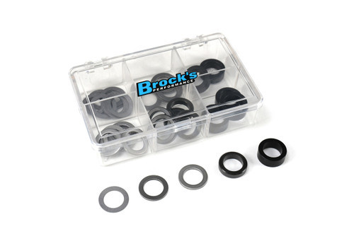 <p>Dial in your clutch exactly the way your application demands. This comprehensive spacer assortment allows precise adjustment of clutch spring pressure, making it easy to fine-tune engagement, holding power, and clutch feel for everything from street riding to high-horsepower race setups. With a wide range of shim and spacer thicknesses, this kit offers virtually unlimited tuning combinations, helping you achieve consistent performance, longer clutch life, and optimal results at the track.</p>
<p><em><strong><span style="color: #ff0000;">For use with Brock&rsquo;s Performance shim-adjustable spring tops</span></strong></em></p>
<p><strong>FEATURES </strong></p>
<ul>
<li>Designed for use with Brock&rsquo;s Performance shim-adjustable spring tops</li>
<li>Allows precise clutch spring pressure adjustment</li>
<li>Ideal for street, drag racing, and high-performance applications</li>
<li>Wide range of shim and spacer thicknesses for endless tuning combinations</li>
<li>Durable materials designed to withstand high loads and heat</li>
</ul>
<p><strong>KIT CONTENTS </strong></p>
<ul>
<li><strong>Steel Shims</strong></li>
<ul>
<li>(12) &times; 0.025" thick</li>
<li>(6) &times; 0.047" thick</li>
<li>(6) &times; 0.062" thick</li>
</ul>
<li><strong>Hard-Anodized Aluminum Spacers</strong></li>
<ul>
<li>(6) &times; 0.180" thick</li>
<li>(6) &times; 0.280" thick</li>
</ul>
<li>(1) Plastic carrying/storage case</li>
</ul>