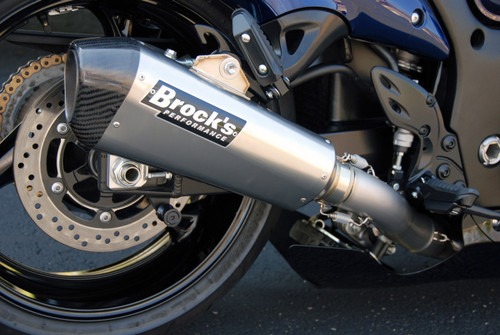 <ul>
<li>Full titanium construction with carbon fiber tip</li>
<li>Aftermarket performance, well mannered sound</li>
<li>Designed to meet SAE J2825 sound specifications</li>
<li>Visually the same as the standard CT Series&trade;</li>
<li>World class craftsmanship, fit, and finish</li>
<li>Lightweight systems weigh as little as 8 1/4 lbs.</li>
<li>Great for everyday riding (noise reduction insert available)</li>
<li>18mm O2 bung pre-installed</li>
<li>Installation hardware and instructions included</li>
<li>Includes (Emissions/PAIR) Block Off Cap and instructions for decel-pop reduction</li>
<li>Includes Brock&rsquo;s lifetime direct support package <em>at no additional charge</em></li>
<li>Select from increased drivability/fuel mileage (pump gas) or race-proven (race fuel) track maps via our <a style="color: blue;" href="https://blog.brocksperformance.com/category/map-support/" target="_blank">map support program</a> <em>at no additional charge</em></li>
<li><a style="color: blue;" href="%%GLOBAL_ShopPathSSL%%/product_images/uploaded_images/Logo_Plates_Article_Page_Display.jpg" target="_blank">Click here to view logo plate color options</a></li>
<li><a style="color: blue;" href="%%GLOBAL_ShopPathSSL%%/content/Instructions/Hayabusa/994081.pdf" target="_blank">Click here to view installation instructions</a></li>
<li><a style="color: blue;" href="%%GLOBAL_ShopPathSSL%%/content/Instructions/Hayabusa/992131.pdf" target="_blank">Click here to view PAIR block-off instructions</a></li>
</ul>
<p><strong>Recommended: </strong>Upgraded exhaust header bolts <a style="color: blue;" href="%%GLOBAL_ShopPathSSL%%/exhaust-header-bolt-upgrade-kit-hayabusa-99-24-gsx-r1000-01-24-zx-14-r-06-24-and-zx-10r-04-24/" target="_blank">available here</a> (a solution to the known issue of <a style="color: blue;" href="%%GLOBAL_ShopPathSSL%%/content/images/834379_Exhaust_Header_Bolt_Upgrade_Kit_Examples_Zoom.jpg" target="_blank">bent OEM hardware</a>).</p>
<div class="moretab" data-title="Product Details">
<p><strong>Brock&rsquo;s &lsquo;best of the best&rsquo; under fairing exhaust system</strong></p>
<p>The Brock&rsquo;s Performance CT Series&trade; full titanium exhaust system is a direct result of incalculable hours of engineering/design work combined with real world performance testing. The entire exhaust system weighs as little as 8 1/4 lbs. and offers the highest power readings out of any of our under fairing (non-sidewinder) exhaust systems. The CT Series&trade; not only provides superb cornering clearance, but if you are a weekend drag racer, the system also provides unmatched ground clearance. If world class craftsmanship and quality as well as welds that look like &lsquo;art&rsquo; are high on your list, then the Brock&rsquo;s Performance CT Series&trade; full titanium exhaust system is for you.</p>
</div>
<div class="moretab" data-title="Technical">
<p><strong>CT Series&trade; QuietKore System</strong></p>
<p>The CT Series&trade; QuietKore exhaust systems are a great option for those interested in aftermarket performance advantages without overly aggressive sound. Designed to meet SAE J2825 sound specifications.</p>
<p><a style="color: blue;" href="http://blog.brocksperformance.com/sae-j2825-measurement-of-exhaust-sound-pressure-levels-of-stationary-on-highway-motorcycles/" target="_blank">Click here to read more about the SAE J2825 specification</a></p>
<p><strong>*QuietKore vs. Standard CT Series&trade;</strong></p>
<p>Test System: CT Series Dual&trade;</p>
<p>Test Bike: ZX-14R (2012)</p>
<p>Standard CT Series&trade;:</p>
<ul>
<li>Idle: 90db</li>
<li>5000 RPM: 105db</li>
</ul>
<p>CT Series&trade; QuietKore:</p>
<ul>
<li>Idle: 88db</li>
<li>5000 RPM: 100db</li>
</ul>
<p><strong>Testing results showed less than 1 HP loss with QuietKore</strong></p>
<p>*Test results may vary depending on testing conditions &amp; make/model of your motorcycle.</p>
<p><strong>Note:</strong> The muffler will require a short break-in period to properly activate the resin used in the silencer. Allow the bike to heat up during idle to begin this process. At 130 degrees Celsius the wool used will expand, there will be a noticeable odor as well as smoke. When the smoke goes away the muffler is ready to go.</p>
</div>