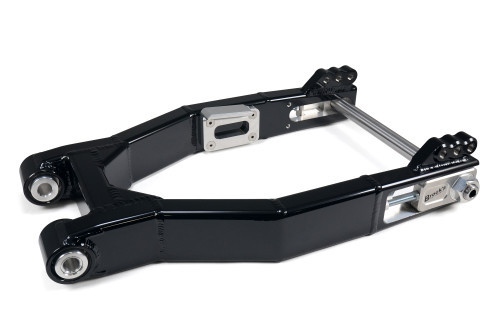 <ul>
<li>Winner of the <a style="color: blue;" href="https://blog.brocksperformance.com/brocks-performance-swingarm-wins-2024-product-of-the-year/" target="_blank">2024 Cycle Source Magazine Awards Performance Product of the Year</a></li>
<li>Handcrafted 6061-T6 aluminum extended swingarm</li>
<li>100% bolt-on design can be used with OEM rear wheel, caliper, spacers and associated components (see 'fitment' tab for model listing)</li>
<li>Proprietary custom extrusion made exclusively for Brock's Performance</li>
<li>Adjustable wheelbase, from stock location up to 3 inches over</li>
<li>Designed for use in high-power, high-torque applications</li>
<li>Includes centerless ground hollow 4130 chromoly axle</li>
<li>Reversible billet aluminum axle adjusters for easy wheel adjustments</li>
<li>Includes newly-revised caliper bracket for use with OEM and most aftermarket brake caliper setups<span style="color: #ff0000;"><strong>*</strong></span></li>
<li>PTFE&reg; lined spherical bearings from <a style="color: blue;" href="https://blog.brocksperformance.com/why-choose-worldwide-bearings/" target="_blank">Worldwide Bearings</a> preinstalled</li>
<li>Includes spacers to use the OEM 3/4&rdquo; pivot shaft</li>
<li>Interior swingarm width measures 10 7/8&rdquo; at the axle<br /><em>(accepts 200 series rear tire on 6.75&rdquo; wide rim with chain conversion)</em></li>
<li>42% weight savings vs OEM swingarm (see the 'technical' tab for details)</li>
<li>Designed, machined, and assembled in the USA</li>
<li>Black powder coated finish</li>
<li><a style="color: blue;" href="%%GLOBAL_ShopPathSSL%%/content/Instructions/VTwin/996915.pdf" target="_blank">Click here to view installation information</a></li>
<li><a style="color: blue;" href="%%GLOBAL_ShopPathSSL%%/content/Instructions/VTwin/996902.pdf" target="_blank">Click here to view pivot bolt stack-up engineered drawing</a></li>
<li><strong>Overall hub width is critical for proper operation/handling, see 'Technical' tab for <a style="color: blue;" href="%%GLOBAL_ShopPathSSL%%/content/images/Bagger_Swingarm_Stackup_Dimensions_Drawing.jpg">important information</a> regarding installation</strong></li>
</ul>
<p><strong>Shock/Rear Brake Information:</strong></p>
<ul>
<li>3-position shock mounts allow flexibility in ride height (stock, -1&rdquo;, -2&rdquo;)</li>
<li>Compatible with shock lengths up to 12.75&rdquo;</li>
<li>13&rdquo; shocks will fit but must be used in the -1&rdquo; or -2&rdquo; position<br />(See West Coast Bagger for longer shock)</li>
<li><a style="color: blue;" href="%%GLOBAL_ShopPathSSL%%/product_images/uploaded_images/HD_OEM_Bagger_Set_Shock_Reference_Photo.jpg" target="_blank">H-D Premium Ride Touring Shocks</a> will only work in the stock shock position</li>
<li>Brock&rsquo;s Performance recommends adjustable <a style="color: blue;" href="%%GLOBAL_ShopPathSSL%%/v-twin/suspension/rear-shocks/" target="_blank">Bitubo shocks</a> for best performance and adjustability</li>
</ul>
<p><strong><span style="color: #ff0000;">*</span>Attention<span style="color: #ff0000;">*</span></strong> If using an aftermarket brake hanger, care must be taken to ensure it does not bottom out on the supplied caliper mounting bracket. Failure to do so can lead to swingarm failure, loss of control, injury, and even death. For swingarms purchased before 02/01/2026, an upgraded Brake Mounting Kit is <a style="color: blue;" href="%%GLOBAL_ShopPathSSL%%/bagger-swingarm-upgraded-brake-mounting-kit/" target="_blank">available here</a> to accommodate most aftermarket brake setups.</p>
<p><strong>Exhaust Clearance Note:</strong> Due to potential changes in suspension geometry, additional clearance around the muffler may be required to avoid interference with the axle on some exhaust systems.</p>
<div class="moretab" data-title="Product Details">
<p>What do you get when you combine 25 years of sportbike drag racing and innovation with a V-Twin industry cry for a swingarm that can handle the ever-increasing demands of ultra-powerful baggers? Introducing the Performance Bagger Swingarm&trade;, by Brock&rsquo;s Performance. Leaning heavily on technology proven in the &lsquo;stupid fast&rsquo; turbocharged sportbike area, our tubing, bracing, billet aluminum ends and 28mm Chromoly axle configuration routinely control 750 hp/350 ft-lb no wheelie bar missiles in 6 second/220MPH action.</p>
<p>Adapting this winning combination for smooth operation and long street life for your FL, we installed replaceable PTFE&reg; lined spherical bearings from Worldwide Bearings at the pivot loops. Adding a bit of flexibility to the stance and chassis tunability in the rear, billet 3-position shock mounts (1/2-13 thread) are standard allowing for stock height, -1&rdquo;, and -2&rdquo; mounting positions. Speaking of flexibility, check out the billet bolt-on brake stay designed to function with the OEM brake hanger. In fact, Brock&rsquo;s Performance Bagger swingarm is 100% bolt-on using your OEM rear wheel, spacers, and pulley or your favorite aftermarket replacement rear wheel.</p>
<p>Don&rsquo;t forget the extra 3&rdquo; length can be worth as much as 3 tenths improvement in the 1/4 mile. The bottom line, weighing in at a little over 1/2 the weight of the OEM swingarm and built to handle as much power as you can throw at it, moving/bent axles can now be a thing of the past, and you can look great and go faster too.</p>
<p><strong>Note:</strong> Performance Bagger Swingarms are not designed for off-road use.</p>
<hr style="height: 1px; color: gray; width: 100%; align: left;" />
<p><strong>American V-Twin Fitment Statement:</strong><br />Although all attempts have been made to handcraft a product which will fit a wide variety of machines for a particular make/model/year, due to idiosyncrasies between particular years, available options, accessories, etc&hellip;, fitment cannot be 100% guaranteed. If upon assembly, fitment issues are discovered which are beyond the installer's ability or willingness to correct, then please feel free to contact our customer service department, alert Brock&rsquo;s Performance of the fitment issue for your particular make/model, and obtain an RMA (Return Material Authorization). Brock&rsquo;s Performance will accept unmodified swingarms, in 100% resalable condition for a full refund.</p>
<p><em>Please note, refunds are issued after product inspection at Brock&rsquo;s Performance, and the customer is responsible for any/all shipping charges.</em></p>
</div>
<div class="moretab" data-title="Technical">
<p><strong>Attention: When spacing Bagger rear wheel, <a style="color: blue;" href="%%GLOBAL_ShopPathSSL%%/content/images/Bagger_Swingarm_Stackup_Dimensions_Drawing.jpg">the overall width</a> including spacers, brake hanger, etc. Must be: 10.875 in +.020in/-.000in / (276.22mm +.50mm/-.00mm) </strong></p>
<p>Overall hub width is critical for proper operation/handling, product longevity, and rider safety. Brock&rsquo;s Performance <a style="color: blue;" href="https://blog.brocksperformance.com/terms-and-conditions/">will not warranty</a> any damaged swingarm found not to be in compliance with these spacing guidelines.</p>
<hr style="height: 1px; color: gray; width: 100%; align: left;" />
<p><strong>Performance Bagger Swingarm Weight:</strong></p>
<ul>
<li><strong>Swingarm w/Bearings:</strong> 11.10 lb. (5.04 kg)</li>
<li><strong>Axle w/Nuts:</strong>
<ul>
<li>25mm - 2.48 lb. (1.12 kg)</li>
<li>28mm - 2.77 lb. (1.26 kg)</li>
</ul>
</li>
<li><strong>Axle Blocks:</strong>
<ul>
<li>25mm - 0.76 lb. (0.35 kg)</li>
<li>28mm - 0.74 lb. (0.34 kg)</li>
</ul>
</li>
<li><strong>Pivot Bushings:</strong> 0.43 lb. (0.20 kg)</li>
<li><strong>Brake Mount w/Screws:</strong> 0.55 lb. (0.25 kg)</li>
</ul>
<p><strong>25mm Total = 15.32 lb. (6.95 kg)</strong></p>
<p><strong>28mm Total = 15.59 lb. (7.07 kg)</strong></p>
<hr style="height: 1px; color: gray; width: 100%; align: left;" />
<p><strong>OEM Harley-Davidson&reg; Swingarm Weight:</strong> 22.78 lb. (10.33 kg)</p>
<p><strong>OEM Harley-Davidson&reg; Axle Weight:</strong> 3.55 lb. (1.61 kg)</p>
<p><strong>Total = </strong> 26.33 lb. (11.94 kg)</p>
<hr style="height: 1px; color: gray; width: 100%; align: left;" />
<p><strong>Total Weight Savings =</strong> 11.01 lb. (4.99 kg) or 42% of OEM weight</p>
</div>