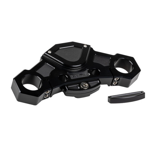 <ul>
<li>Black top fork plate</li>
<li>CNC machined from billet aluminum</li>
<li>Designed for additional strength and support</li>
<li><strong>Mounts to 49mm forks</strong></li>
<li>Compatible with (14-23) Touring models</li>
<li>Road Glide (15-23) riser options available <a style="color: blue;" href="%%GLOBAL_ShopPathSSL%%/v-twin/vitys-design/risers-gauge-housings/risers/" target="_blank">here</a></li>
<li>Includes lock and two keys</li>
</ul>
<p><em>Installation should be performed following the OEM Harley-Davidson Service Manual and torque specifications</em></p>
<div class="moretab" data-title="About Vity's Design">
<p>Vity's goal is to dedicate the highest effort we possibly can into our original, custom designed products for your beloved Harley Davidson. Quality and customer satisfaction is imperative to us. We also love our heritage that helped us greatly in the process of creating this brand. Italian craftsmanship at its best.</p>
<p>Vity&rsquo;s Design showcases the natural beauty of CNC machining, in most products, by intentionally omitting final finishing processes such as tumbling, stonewashing, burnishing, or polishing.</p>
<p>The following quote from Vity's Design Founder, Matteo Vitali is translated from Italian: "From the incredible passion for Harley Davidson, my every single iron take shape. From a deep and meticulous study of materials, shapes and color, my accessories come to life."</p>
</div>