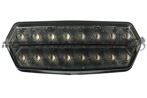 <p><strong>Motodynamic Honda Grom LED Tail Light with Integrated Alternating Sequential LED Turn Signals V2 (Smoke Lens)</strong></p>
<p><strong>Dimensions:</strong></p>
<ul>
<li>142mm x 58mm x 103mm (Width x Height x Depth) measured at normal mounting position including housing.</li>
</ul>
<p><strong>Version 2:</strong></p>
<ul>
<li>Upgraded with brighter LEDs alongside a projection element inside to focus the light, new stepped front lens same style found on the 17+ Groms, and now an easier to access programming button. Testing data showed that it is x4 brighter overall compared to the V1 light.</li>
</ul>
<p><strong>Features:</strong></p>
<ul>
<li>16 ultra bright dual mode red/yellow SMD&nbsp;LEDs for running/brake lights</li>
<li>Programmable features:
<ul>
<li>ON/OFF Stop Alert</li>
<li>ON/OFF Sequential signals</li>
</ul>
</li>
<li>Perfect integrated tail light pairing for the <a style="color: blue;" href="%%GLOBAL_ShopPathSSL%%/license-plate-mount-fender-eliminator-forward-mount-honda-grom-22-25/" target="_blank">MNNTHBX V3 fender eliminator</a></li>
<li>Direct plug and play with included sub-harness (OEM connectors for 100% bolt-on with zero modifications)</li>
<li>Optional resistors built into modular sub-harness (disconnect resistor if using LED flasher relay)</li>
<li>Sub-harness installs in place of the factory fender harness (factory rear fender and harness can no longer be used)</li>
<li>Stop Alert - utilizes 3 quick red flashes when brakes are applied initially</li>
<li>Sequential alternating yellow LED turn signals</li>
<li><a style="color: blue;" href="%%GLOBAL_ShopPathSSL%%/content/Instructions/Grom/Honda_22_Grom_V2_Integrated_Tail_Light_Instructions.pdf" target="_blank">Click here to view Installation Instructions</a></li>
<li>Warranty: 1 year</li>
</ul>
<p>Designed with Stop Alert function added to increase motorist awareness when you are braking. Sequential LEDs flash in sequence in the direction you are turning or merging so there is no confusion which way you are going. A microprocessor is used with an integrated circuit chip (IC) to control all the functions of park, brake, and sequential signals. All IC chips are micro soldered by machine to deliver consistent and reliable solder points.</p>