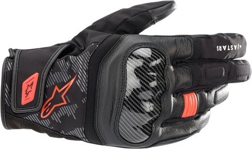 Alpinestars SMX Z Drystar waterproof motorcycle gloves in Black and Fluorescent Red, Medium size, showing leather construction and knuckle protection.