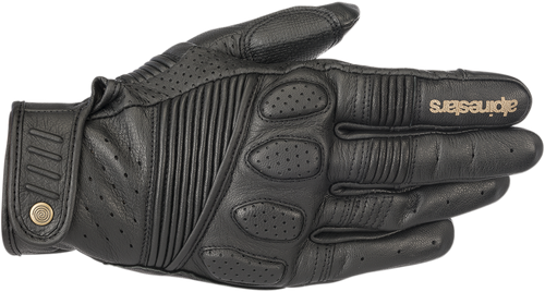 Alpinestars Crazy Eight short cuff motorcycle gloves in black, supple full-grain leather, vintage style with perforated leather accents and knuckle padding.